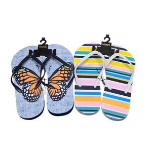 Mixit Flip Flops 2 Pair Womens 5/6 Blue Butterfly Multi Stripe Sandals Shoes